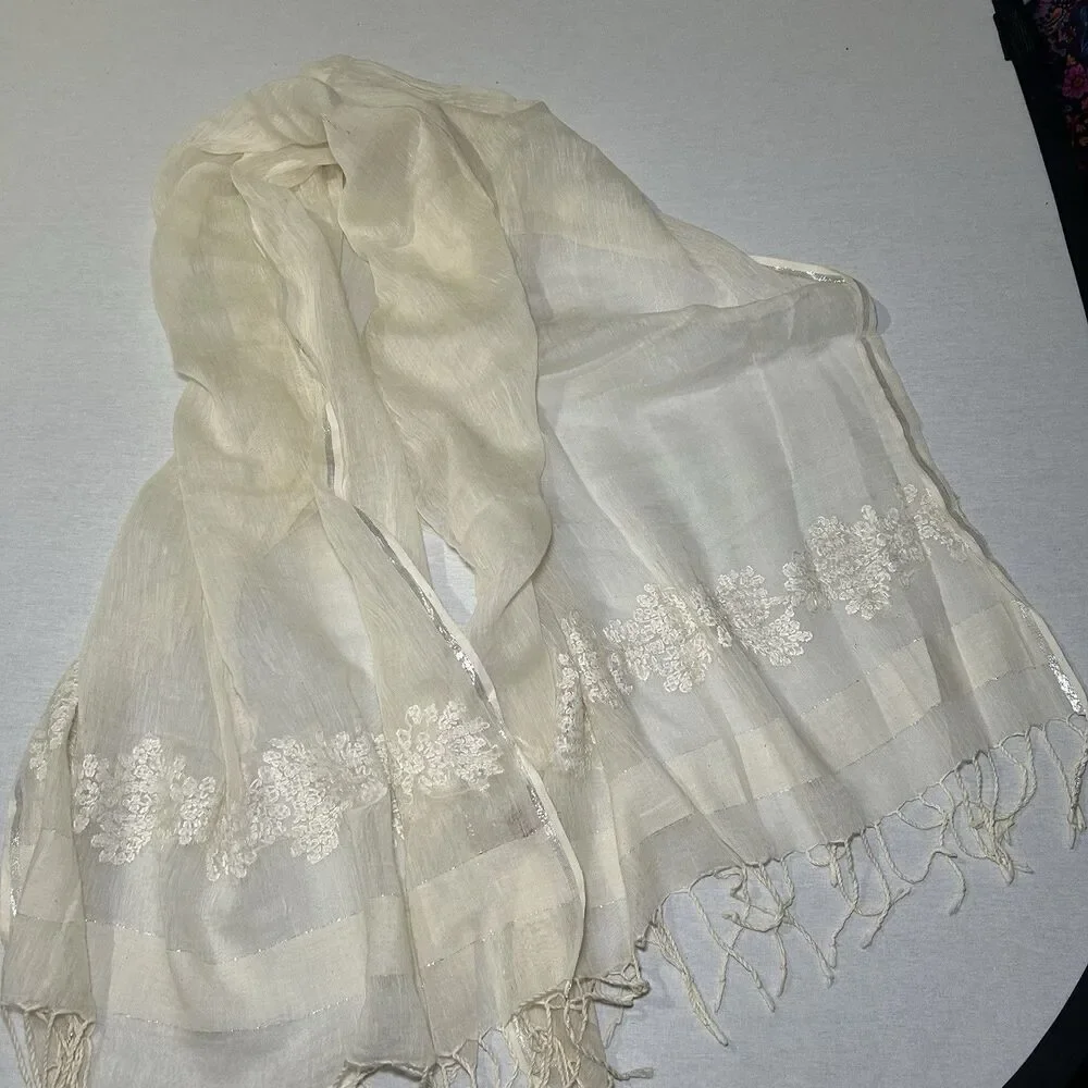 Bouroulitis Cotton and Silk Scarf in Cream, metallic, embroidery, fringe